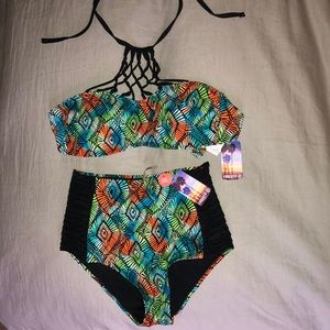 Forever 21 Printed Tie Neck High Waisted Bikini with Cut-Out Detailing on Sides
